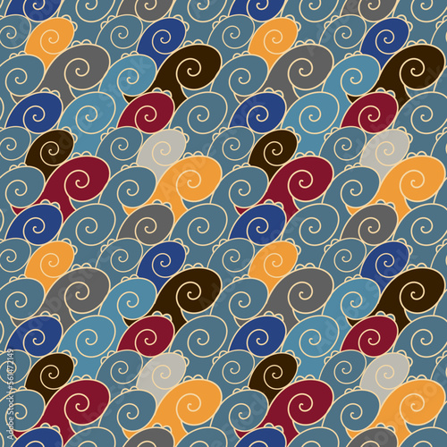 Sea swirling waves of blue, red, yellow, brown color. Seamless vector image on a blue background.