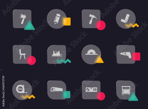 joinery glass morphism trendy style icons. joinery transparent glass vector icons with color memphis figures. for web and ui design, mobile apps and promo business advertising