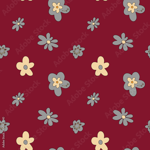 Yellow and gray flowers with a black outline on a red background. Seamless vector pattern.