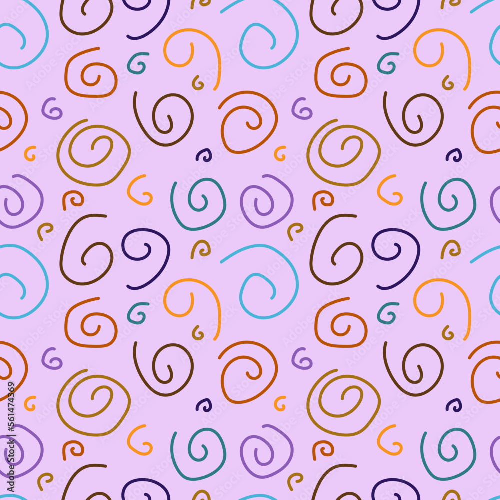 Multicolored handwritten spirals on purple background. Seamless vector image.