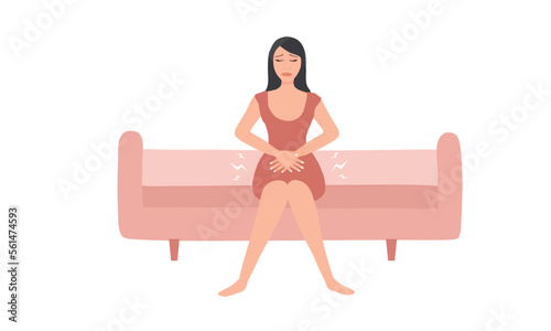 Woman having stomach ache suffering from stomach pain , constipation, menstrual pain on png background