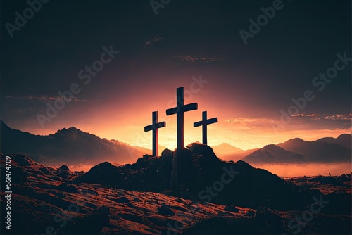 Photographie Three crosses stand on a barren, windswept terrain, silhouetted against a darkening sky, as the sun sets behind them