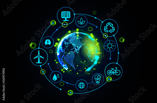 Принти на полотні Earth hologram and eco energy hud, technology and resources