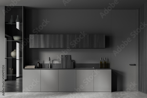 Foto Grey kitchen interior with sink and stove, kitchenware and decoration