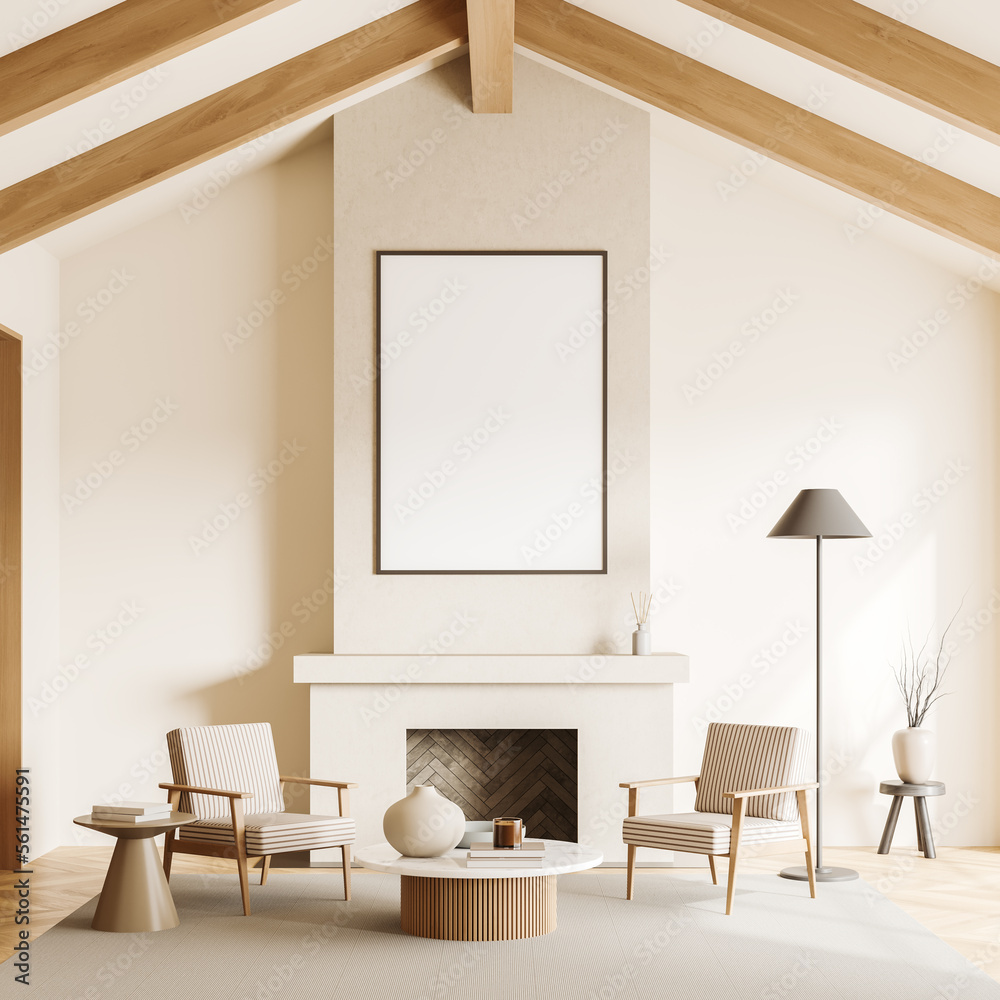 Fototapeta premium Light relax interior with chairs and fireplace with coffee table. Mockup frame