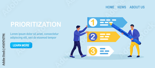 Prioritization. Businessmen set work priority, arrange to do list. Employees standing near important tasks list. Checklist with missions, urgency choice. Task planning, management to boost efficiency