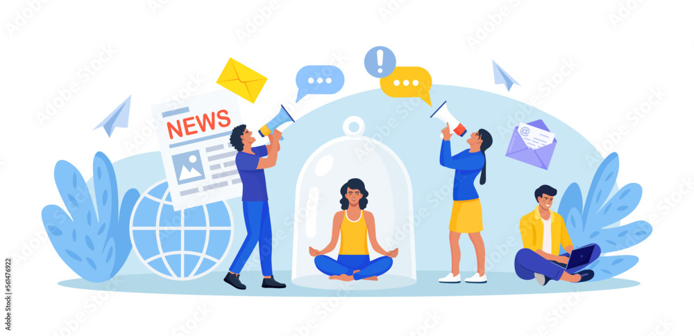 Stop spreading hoax and fake news. Young woman meditate under glass dome trying to stop false news from television, internet. Information noise, check spam. Online media, disinformation, propaganda Stop spreading hoax and fake news. Young woman meditate under glass dome trying to stop false news from television, internet. Information noise, check spam. Online media, disinformation, propaganda