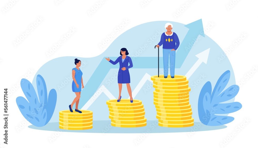 Retirement savings plan, financial investment growth. Pension management. Teenager, businesswoman, pensioner grandmother standing on stacks of gold coins money. People invest earning in pension fund - obrazy, fototapety, plakaty 