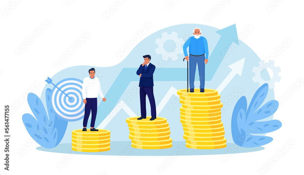 Retirement savings plan, financial investment growth. Pension management. Teenager, businessman, pensioner grandfather standing on stacks of gold coins money. People invest earning in pension fund - obrazy, fototapety, plakaty 