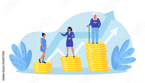Retirement savings plan, financial investment growth. Pension management. Teenager, businesswoman, pensioner grandmother standing on stacks of gold coins money. People invest earning in pension fund