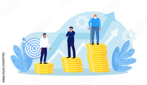Retirement savings plan, financial investment growth. Pension management. Teenager, businessman, pensioner grandfather standing on stacks of gold coins money. People invest earning in pension fund photo