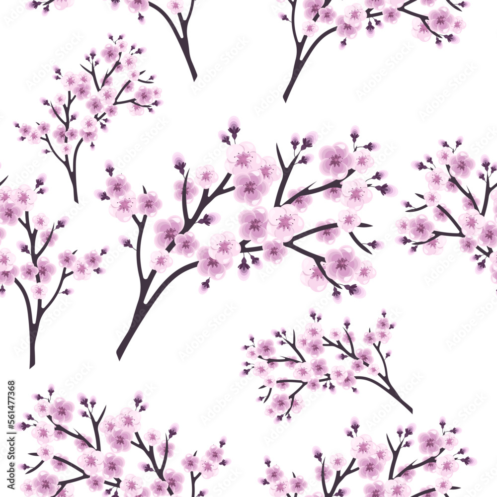 Seamless pattern of cherry blossom branches on a white background.Vector pattern for textiles, wallpaper,screensavers.