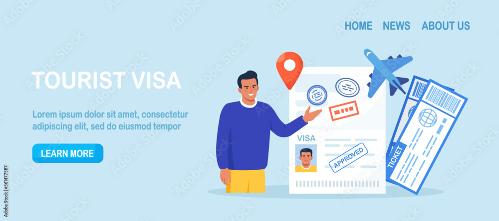 Travel abroad. International vacation or emigration procedure. Opened passport with valid visa stamps. Happy man getting document for leaving country. Vacation trip offer. Journey and tourism concept Travel abroad. International vacation or emigration procedure. Opened passport with valid visa stamps. Happy man getting document for leaving country. Vacation trip offer. Journey and tourism concept