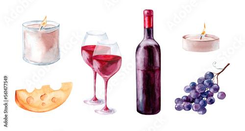 Romantic dinner. Candles, red wine, cheese. Set of watercolor illustrations