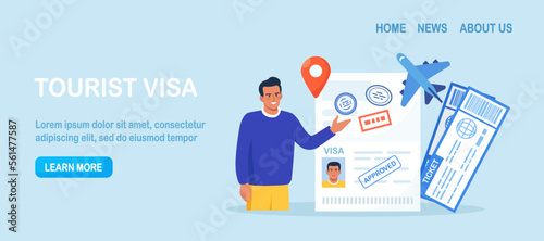 Travel abroad. International vacation or emigration procedure. Opened passport with valid visa stamps. Happy man getting document for leaving country. Vacation trip offer. Journey and tourism concept