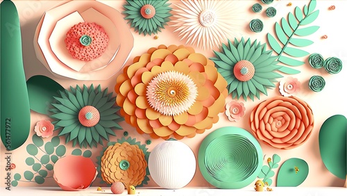 3d floral craft wallpaper of orange, rose, green and yellow flowers in light background. for kids room wall decoration.