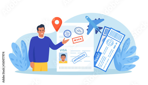 Travel abroad. International vacation or emigration procedure. Opened passport with valid visa stamps. Happy man getting document for leaving country. Vacation trip offer. Journey and tourism concept