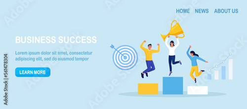 Proud Business People Standing on Podium Rank Three Places, Jumps in Air with Trophy Cup. Business Company Winning First Place, Get Reward. Career Success. Team Work, Partnership, Leadership Concept