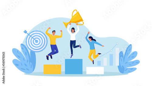 Proud Business People Standing on Podium Rank Three Places, Jumps in Air with Trophy Cup. Business Company Winning First Place, Get Reward. Career Success. Team Work, Partnership, Leadership Concept