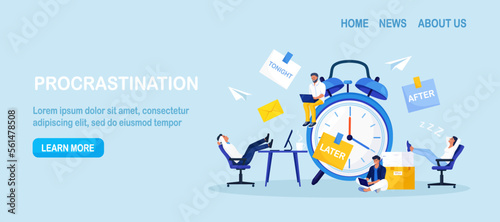 Procrastination or project deadline. Lazy business people sitting with his legs on desk, dreaming and procrastinating instead of working. Productivity and efficiency in work. Resting office employees