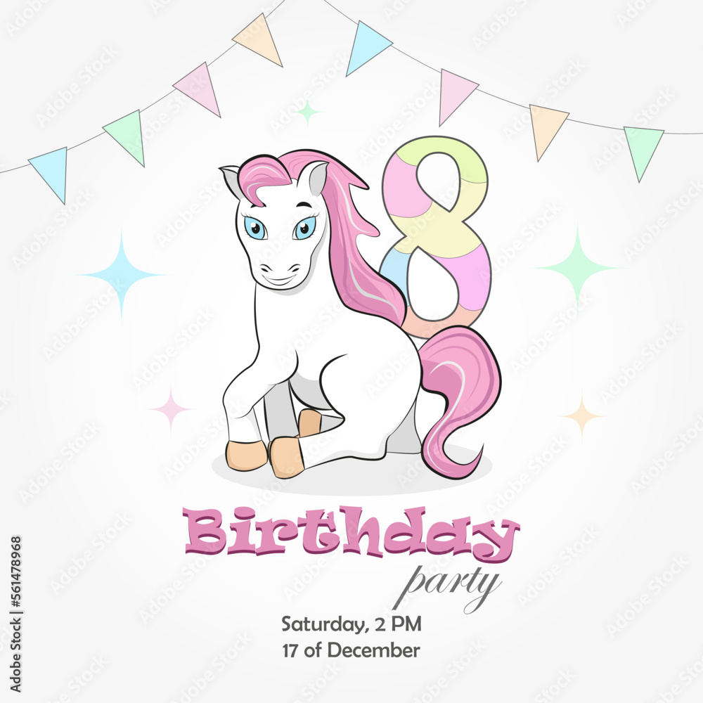 Invitation to a birthday party of 8 years old with a pony, holiday flags and the number 8. Vector illustration