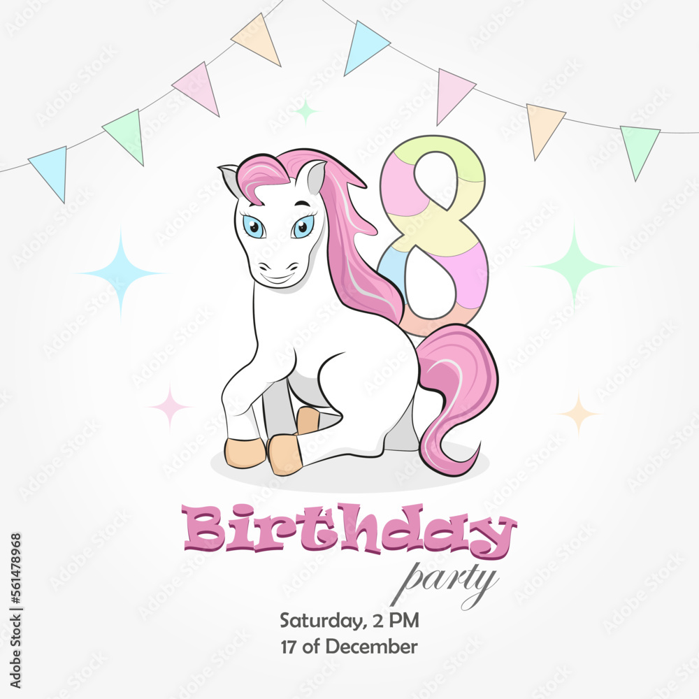 Invitation to a birthday party of 8 years old with a pony, holiday flags and the number 8. Vector illustration Invitation to a birthday party of 8 years old with a pony, holiday flags and the number 8. Vector illustration