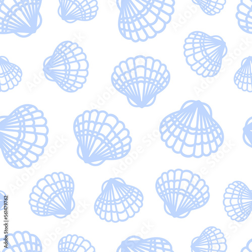 Summer marine minimalistic seamless pattern with seashells. Scallop, Pectinidae, bivalve mollusc. ocean dwellers. White and blue colors. line art style. For wallpaper, printing on fabric, wrapping.