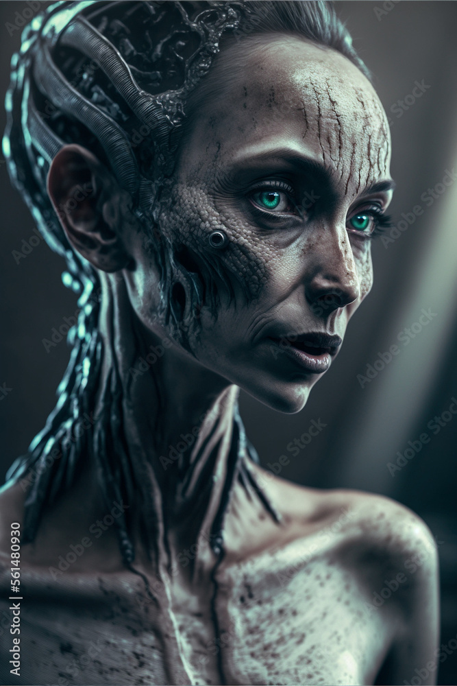 Futuristic android cyborg with female face and technology. Generative AI Futuristic android cyborg with female face and technology. Generative AI