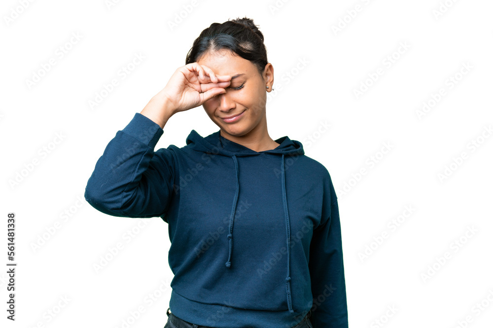 Young Uruguayan woman over isolated chroma key background with tired and sick expression Young Uruguayan woman over isolated chroma key background with tired and sick expression