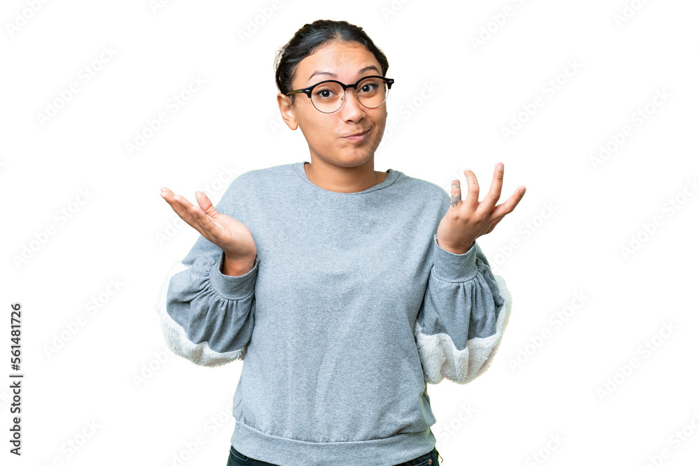 Young Uruguayan woman over isolated chroma key background having doubts while raising hands Young Uruguayan woman over isolated chroma key background having doubts while raising hands
