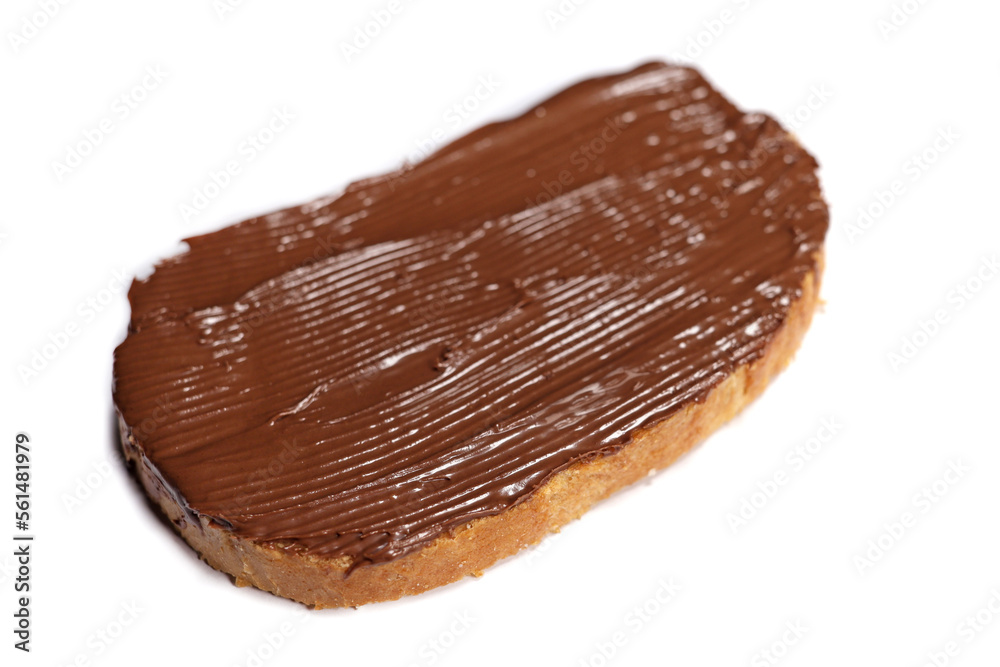 Bread spread with chocolate cream isolated on white background, selective focus Bread spread with chocolate cream isolated on white background, selective focus