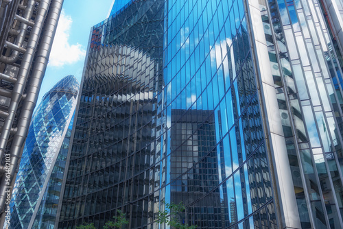 Glass fronted offices of the international banking and financial district of the City of London, UK