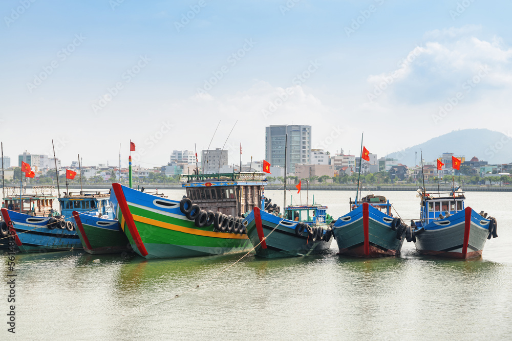 Scenic view of traditional fishing boats on Han River, Da Nang, Vietnam