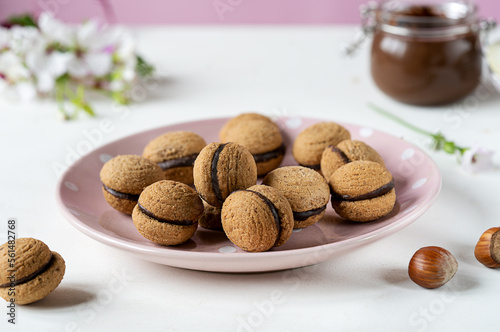 Hazelnut biscuits baci di dama or lady's kisses are traditional Italian dessert made as a sandwich with two cookies and chocolate cream.  photo