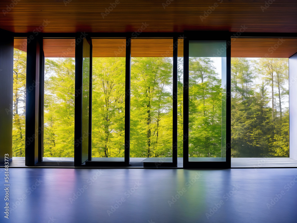 Empty room with view from window into nature. Generative AI Empty room with view from window into nature. Generative AI
