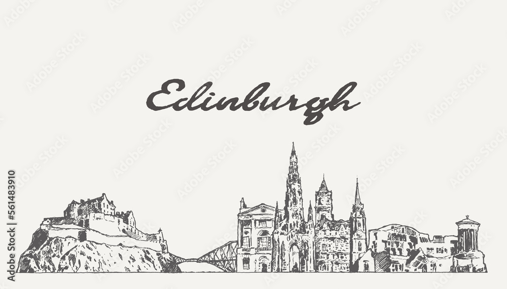 Edinburgh skyline in Scotland hand drawn, sketch
