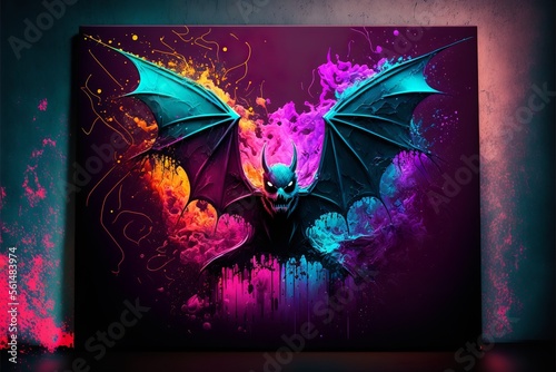 Painted animal with paint splash painting technique on colorful background bat photo