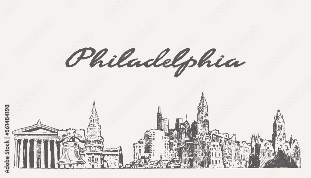 Philadelphia skyline in USA, hand drawn, sketch