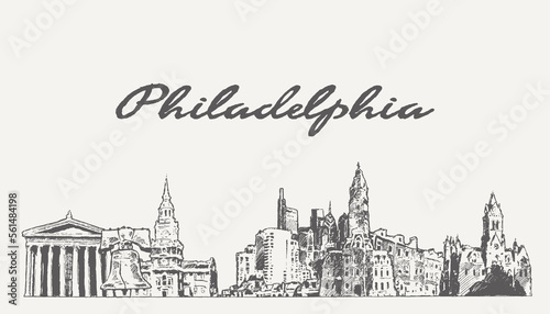 Philadelphia skyline in USA, hand drawn, sketch