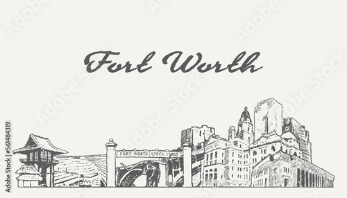 Fort Worth skyline Texas USA hand drawn, sketch