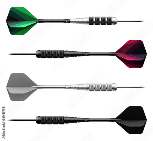 Modern Darts. Close-up view of a set of various darts are isolated on transparent background. 3D rendering graphics.