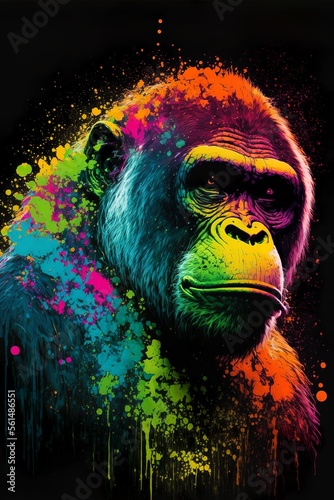 Painted animal with paint splash painting technique on colorful background orangutan photo