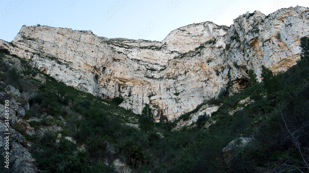 White mountain, sheer cliffs, stones, mountain vegetation, pine trees, beautiful unique landscape, Mount Montgo in Spain Alicante White mountain, sheer cliffs, stones, mountain vegetation, pine trees, beautiful unique landscape, Mount Montgo in Spain Alicante