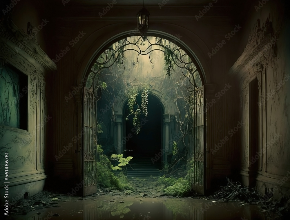 Haunted abandoned old Edwardian mansion interior. Doorway with moss and ivy. Rusty old room. Arched entrance. Arched pillars. Grungy and ancient. Haunted abandoned old Edwardian mansion interior. Doorway with moss and ivy. Rusty old room. Arched entrance. Arched pillars. Grungy and ancient.