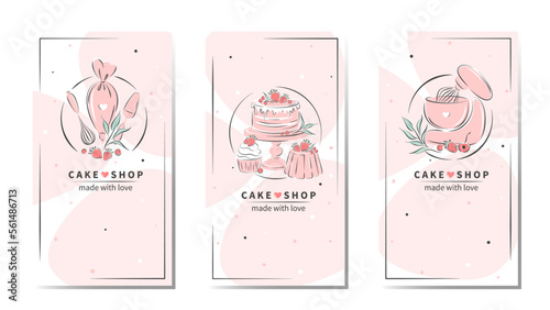 Set of design sample for pastry and bread shop. Cake shop logo. Planetary stationary dough mixer, cakes and berries. Vector illustration