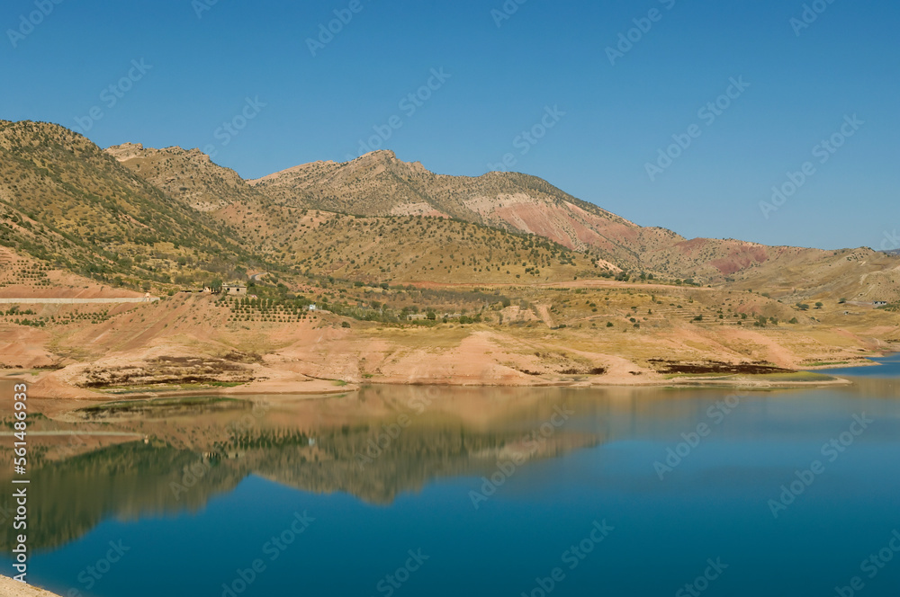 The Dohuk Dam Reservoir along the river Dohuk in the Kurdish governed region of Iraq, Middle East