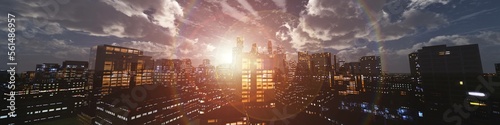 Evening city at sunrise, night skyscrapers in the rays of the sun, 3d rendering © ustas