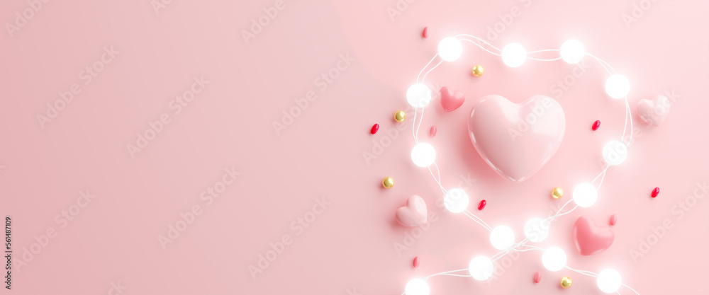 3d rendering.Valentines Day banner with heart shaped balloons, gift box and ball light decor. Holiday illustration banner. for valentine and mother day design