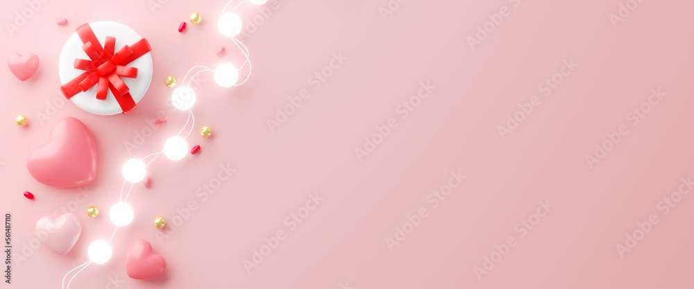 3d rendering.Valentines Day banner with heart shaped balloons, gift box and ball light decor. Holiday illustration banner. for valentine and mother day design
