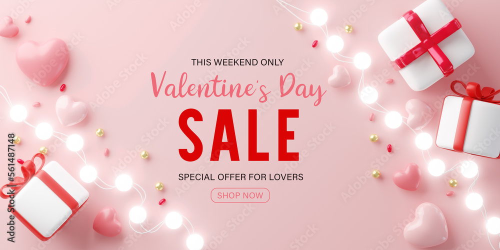 3d rendering.Valentines Day sale with heart shaped balloons, gift box and ball light decor. Holiday illustration banner. for valentine and mother day design - obrazy, fototapety, plakaty 
